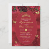 Roos Red Gold Luxury Butterfly Quinceanera Kaart (Voorkant)