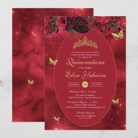 Roos Red Gold Luxury Butterfly Quinceanera Kaart (Voorkant / Achterkant)