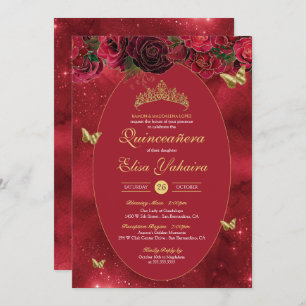 Roos Red Gold Luxury Butterfly Quinceanera Kaart