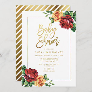  Roos Red Yellow Gold Script Baby shower Kaart