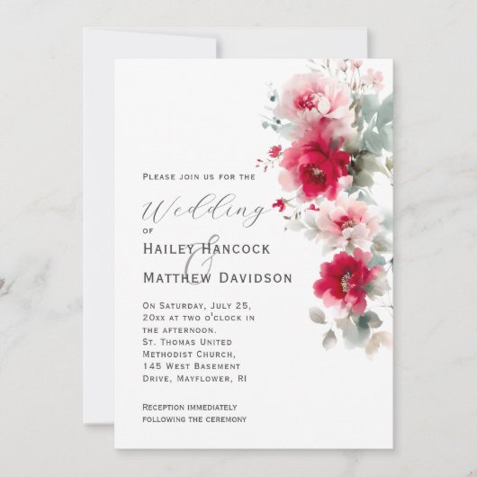Roos Rood en Roze Bloemen Huwelijksuitnodiging Kaart (Voorkant)