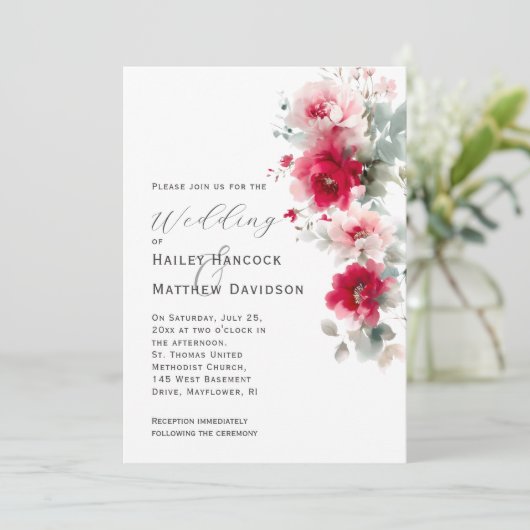 Roos Rood en Roze Bloemen Huwelijksuitnodiging Kaart (Staand voorkant)