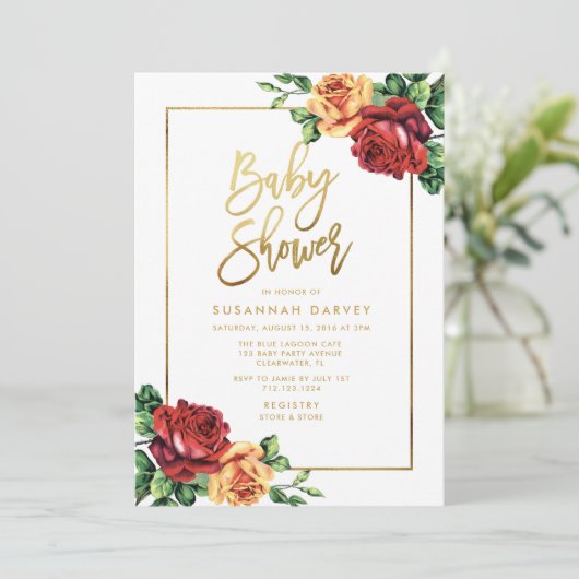  Roos Rood Geel Goud Script Baby shower Kaart (Staand voorkant)