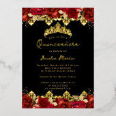 Roos Rood Goud Damask Floral Quinceanera Folie Uitnodiging (Voorkant)