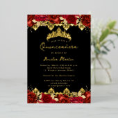 Roos Rood Goud Damask Floral Quinceanera Folie Uitnodiging (Staand Voorkant)