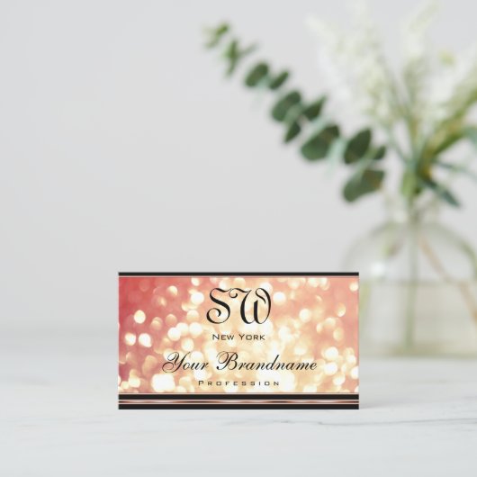 Roos Rood Gouden Glitter Monogram Elegant Zwart Visitekaartje (Staand voorkant)