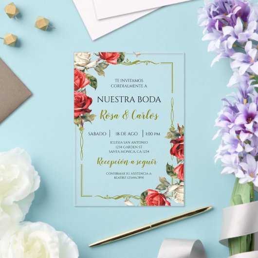 Roos Roos Spaans Huwelijk Acryl Uitnodigingen (Insitu (Huwelijk))