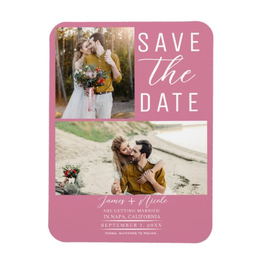 Roos Roze 2 foto's Save the Date Wedding Magneet (Verticaal)