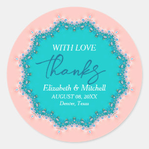 Roos Roze + Aqua Blauwgroen Fractal Lace Bedankt Ronde Sticker