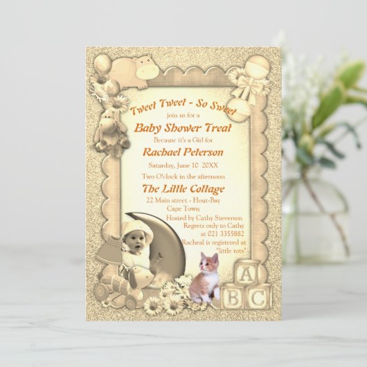 Roos-roze Baby Girl Shower Tweets Uitnodiging (Staand voorkant)