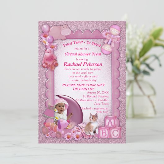 Roos-roze Baby Girl Virtual Shower-uitnodiging Bedankkaart