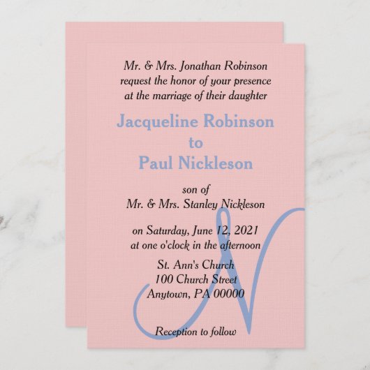 Roos Roze Blauw Pastel Monogram Kaart (Voorkant / Achterkant)