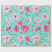  roos roze blauwgroen bronfloreel patroon cadeaupapier (Vlak)