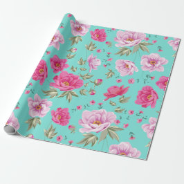  roos roze blauwgroen bronfloreel patroon cadeaupapier