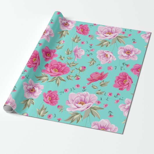  roos roze blauwgroen bronfloreel patroon cadeaupapier (Uitgerold)