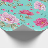  roos roze blauwgroen bronfloreel patroon cadeaupapier (Hoek)
