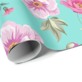  roos roze blauwgroen bronfloreel patroon cadeaupapier (Rol Hoek)