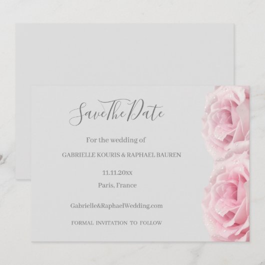Roos Roze Bloem Grijze Bloemen Save The Date Weddi Kaart (Voorkant / Achterkant)