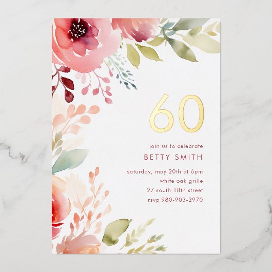 Roos Roze Bloemen 60ste Verjaardagsuitnodiging Folie Uitnodiging (Voorkant)