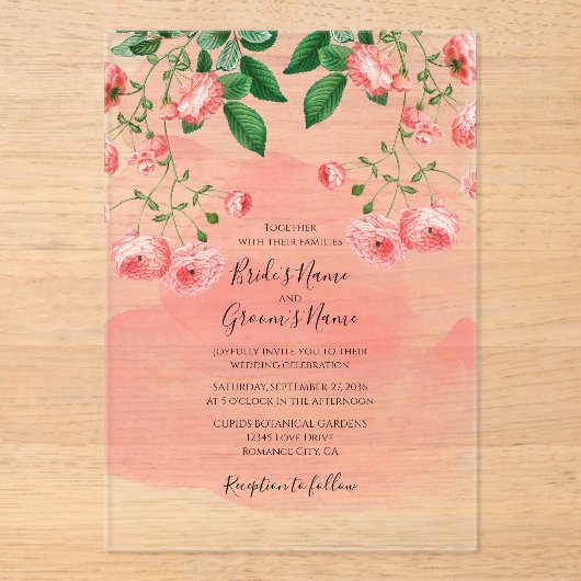  Roos Roze Bloemen Botanische Huwelijk Clear Acryl Uitnodigingen (Voorkant)