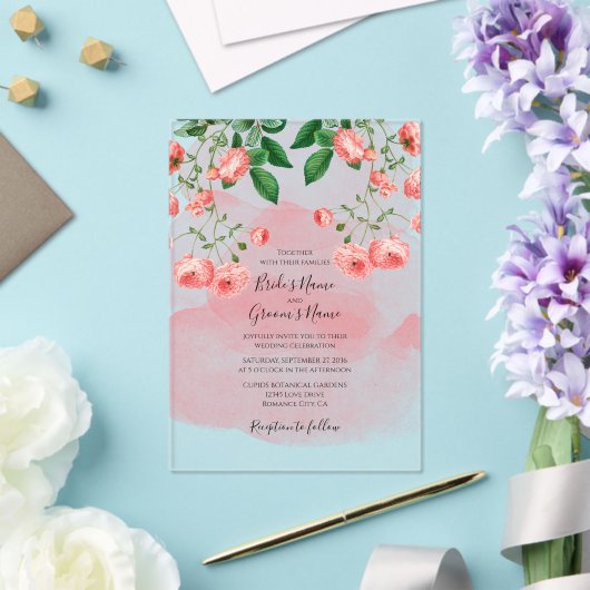  Roos Roze Bloemen Botanische Huwelijk Clear Acryl Uitnodigingen (Insitu (Huwelijk))