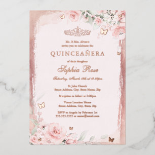 Roos Roze Bloemenvlinder Quinceanera 15e Folie Uitnodiging