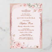 Roos Roze Bloemenvlinder Quinceanera 15e Folie Uitnodiging (Voorkant)