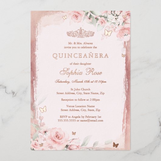 Roos Roze Bloemenvlinder Quinceanera 15e Folie Uitnodiging (Voorkant)