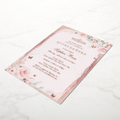 Roos Roze Bloemenvlinder Quinceanera 15e Folie Uitnodiging (Gedraaid)
