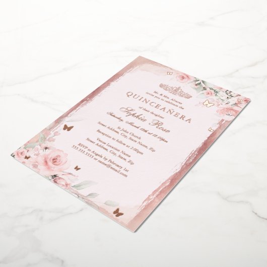 Roos Roze Bloemenvlinder Quinceanera 15e Folie Uitnodiging (Gedraaid)