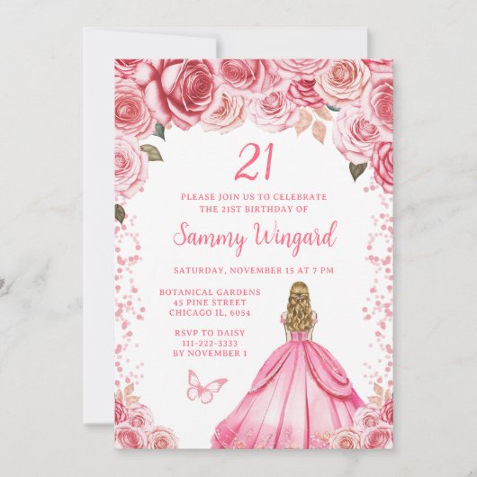 Roos Roze Blonde Haar Prinses Verjaardagsfeest Kaart (Voorkant)