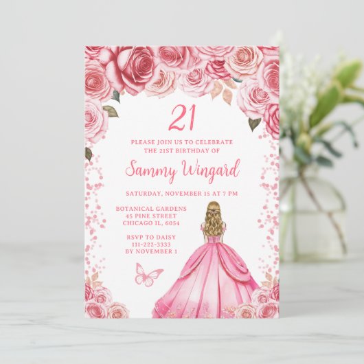 Roos Roze Blonde Haar Prinses Verjaardagsfeest Kaart (Staand voorkant)