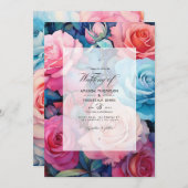 Roos Roze, Blush Roze, Turquoise en Blauw Bruiloft Kaart (Voorkant / Achterkant)