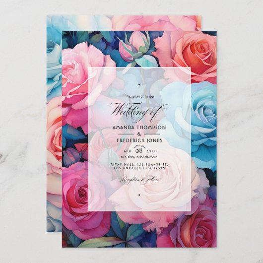 Roos Roze, Blush Roze, Turquoise en Blauw Bruiloft Kaart (Voorkant / Achterkant)