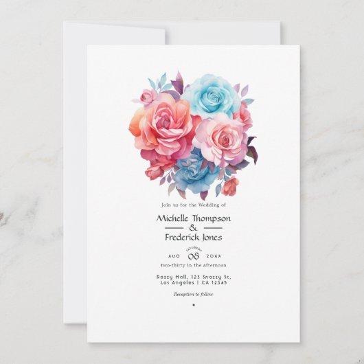 Roos Roze, Blush Roze, Turquoise en Blauw Bruiloft Kaart (Voorkant)