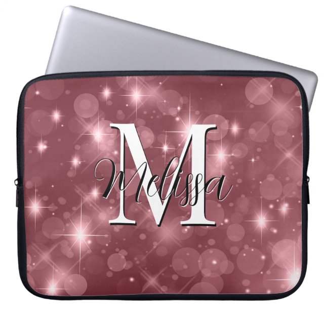 Roos Roze Bokeh Modern Monogram Sparkle Laptop Sleeve (Voorkant)
