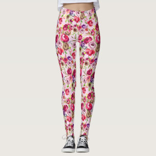 Roos Roze Chic Waterverf Peony Floral Leggings