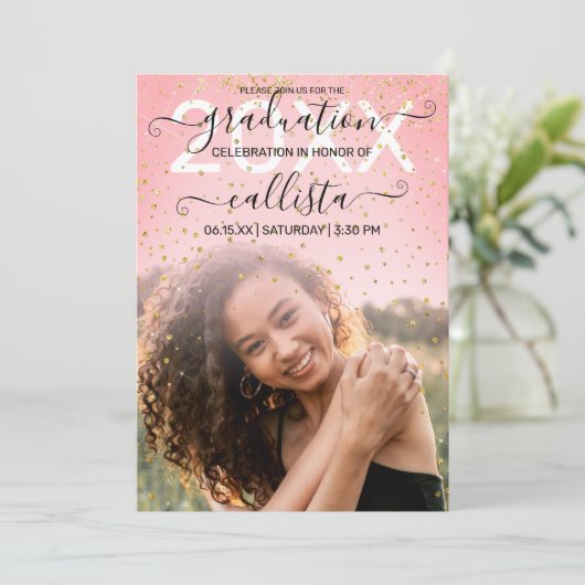 Roos Roze Confetti Foto Collage Afstuderen Kaart (Staand voorkant)