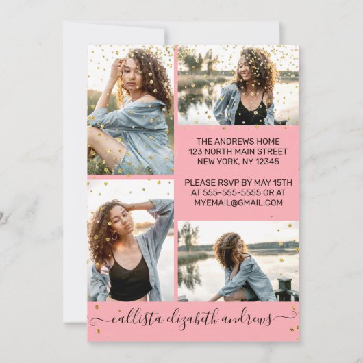 Roos Roze Confetti Foto Collage Afstuderen Kaart (Achterkant)