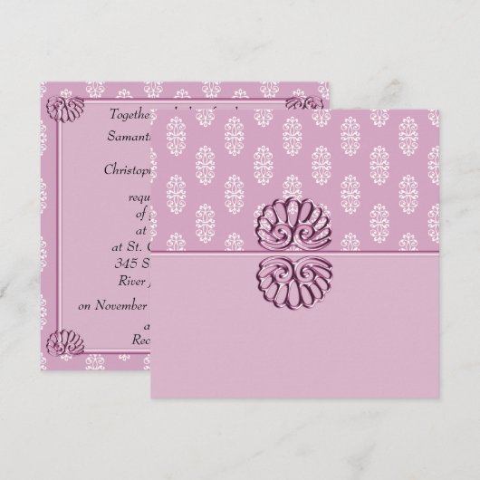 Roos Roze Damask Wedding Kaart (Voorkant / Achterkant)