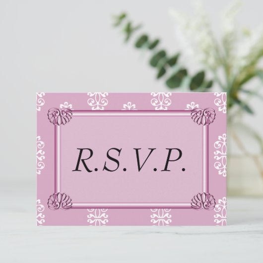 Roos Roze Damask Wedding RSVP (Staand voorkant)
