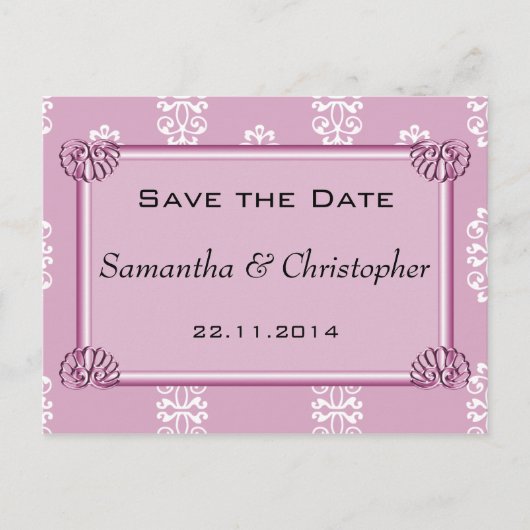 Roos Roze Damask Wedding Save the Date Aankondigingskaart (Voorkant)