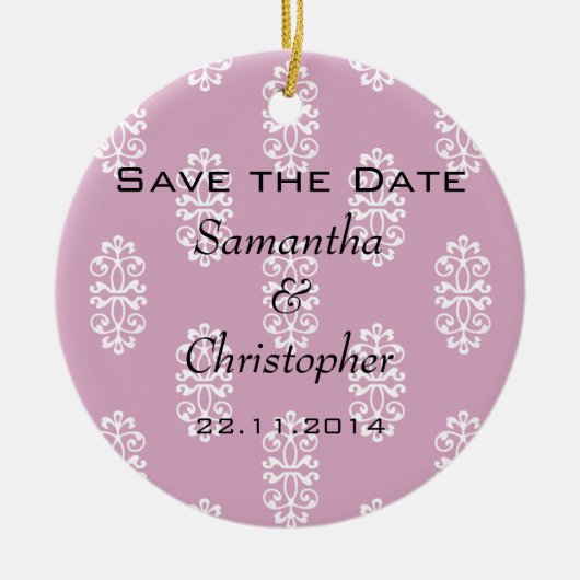 Roos Roze Damask Wedding Save the Date Keramisch Ornament (Voorkant)
