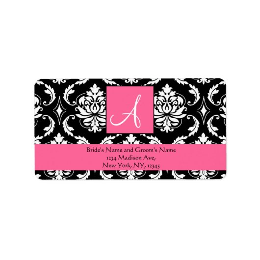 Roos Roze Damast Monogram Bruiloft Adresetiketten Etiket (Voorkant)