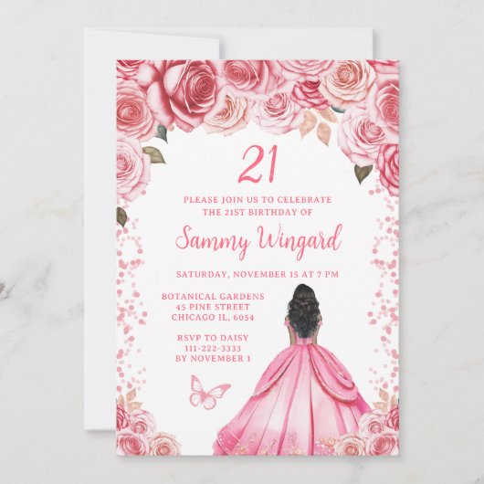 Roos Roze Donkere Huid Prinses Verjaardagsfeest Kaart (Voorkant)