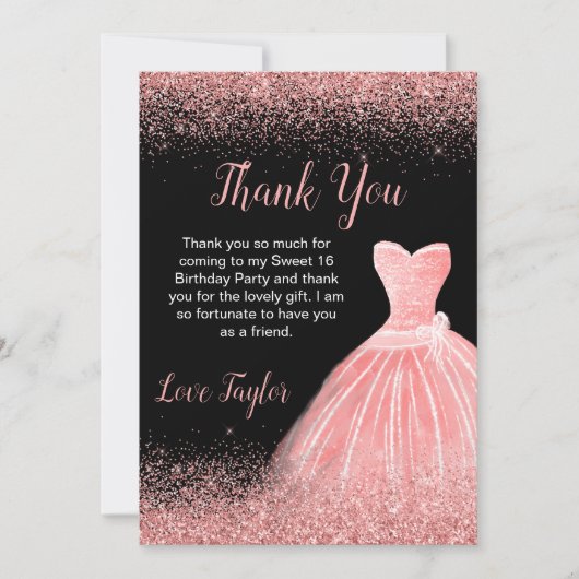 Roos Roze dress Faux Glitter Sweet 16 Birthday Bedankkaart (Voorkant)