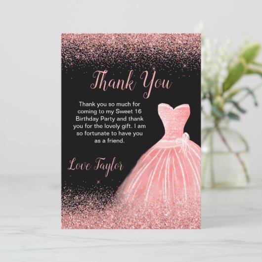 Roos Roze dress Faux Glitter Sweet 16 Birthday Bedankkaart (Staand voorkant)