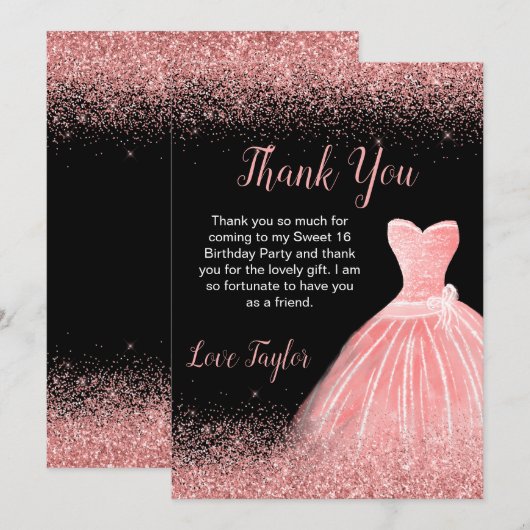 Roos Roze dress Faux Glitter Sweet 16 Birthday Bedankkaart (Voorkant / Achterkant)