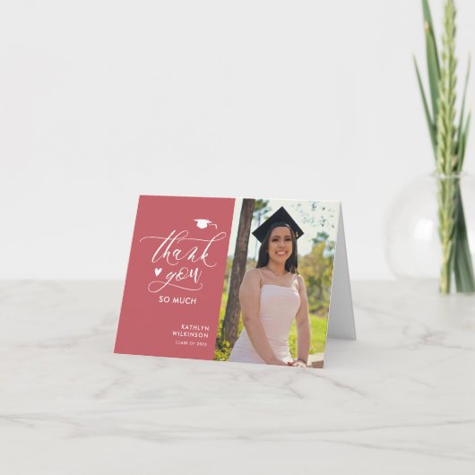 Roos Roze Elegant Script Photo Simple Afstuderen Bedankkaart (Voorkant)
