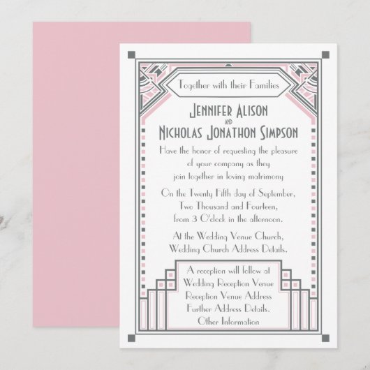 Roos Roze en Gatsby Art Deco Wedding Kaart (Voorkant / Achterkant)